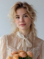 Young Caucasian woman with wavy blonde hair wearing vintage style sheer white blouse with bow collar, holding peach roses against light background, soft natural makeup.