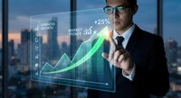 Professional businessman analyzing financial growth data on futuristic holographic interface with upward trending charts and market statistics display.