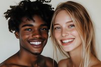 Close up portrait of young African American male and Caucasian female with bright genuine smiles against light background, representing friendship and diversity.