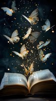 Magical butterflies emerging from open book with golden sparkles and glowing lights creating enchanting fantasy scene for storytelling and imagination concepts.