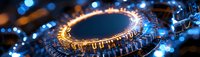 Glowing golden gear mechanism with blue bokeh lights in dark background creates futuristic industrial atmosphere for technology concepts.