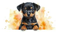 Watercolor puppy portrait of miniature pinscher with black and tan coat against orange and yellow splashes background, artistic pet illustration for wall decor.