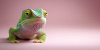 Curious green chameleon with expressive eyes and pink belly against soft pink background, macro photography showing detailed scales and texture in studio lighting.