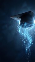 Futuristic graduation cap with glowing digital energy streams and particles on dark blue background representing academic achievement and educational technology.