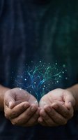 Hands holding glowing digital tree with branching particles and light effects, representing growth, innovation, technology, and sustainable development concepts.