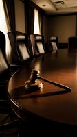 Wooden gavel on polished conference table in elegant boardroom with leather chairs and warm lighting for legal and business meetings.