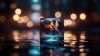 Goldfish swimming in glass with bokeh lights background creating surreal underwater atmosphere and reflections on wet surface. Artistic nature photography.