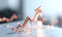 Rose gold metallic arrow pointing upward on financial chart background showing growth trend and business success, modern minimal design concept.