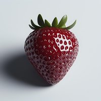Fresh ripe strawberry with green leaves isolated on white background, showing detailed texture and natural shadows. Suitable for food packaging and advertising.