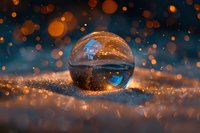 Crystal ball on glittering surface reflects golden sunset sky with bokeh lights creating magical atmosphere for fantasy and fortune telling concepts.