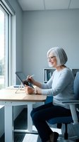 Senior Caucasian woman with gray bob haircut and glasses using tablet computer at modern office desk, smiling while working on digital device in bright workspace.