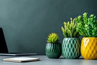 Modern workspace with colorful geometric planters containing green plants, laptop and notebook on desk for office decor and productivity concepts.