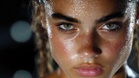 Young athletic woman with braided hair covered in sweat droplets after intense workout, close-up portrait showing determination and fitness motivation.