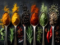 Colorful spices and herbs in silver spoons on dark background with fresh herbs and chili peppers, showcasing culinary ingredients for cooking.