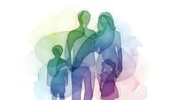 Family silhouettes in watercolor gradient from green to purple showing parents with two children in artistic style for wellness and unity concepts.