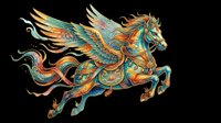 Ornate flying horse with wings, rich teal and gold patterns, isolated on transparent background. Great for t-shirt design, stickers, sublimation, print on demand, clipart.