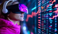 Young woman wearing VR headset and headphones interacting with financial data visualization and stock market charts in neon pink and blue lighting atmosphere.