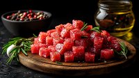 Fresh raw tuna cubes seasoned with sea salt and rosemary on wooden cutting board, dark food photography with olive oil and peppercorns in background.