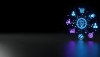 Digital marketing icons network with glowing neon effects on dark background for business technology presentations and web design projects.