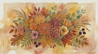 Watercolor autumn floral bouquet with roses, dahlias, berries, and oak leaves in warm orange, red, and gold tones on aged paper background.
