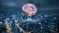 Glowing brain lightbulb with neural networks floating above smart city skyline at night, representing artificial intelligence and innovation in urban technology.