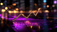 Growing financial chart glowing with golden particles on purple bokeh background, representing market success and digital transformation in business analytics.