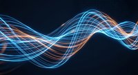 Abstract digital wave pattern with flowing blue and orange light trails on dark background for technology and data visualization concepts.