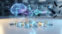 Pharmaceutical capsules with digital brain hologram and molecular network connections representing AI-driven drug discovery and neuroscience research innovation.
