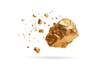 Floating golden rock fragments with scattered particles on white background, metallic mineral stone with rough texture and shiny surface isolated for luxury design.