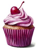Cherry topped cupcake with swirled pink frosting in purple wrapper isolated on white background for bakery designs and dessert illustrations.