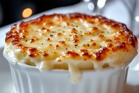 Creamy French onion soup topped with melted gruyere cheese and caramelized edges in white ceramic ramekin, macro food photography showing texture and bubbling surface.