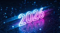 Glowing neon 2026 numbers on futuristic digital circuit board background with blue and purple lights for New Year celebration and technology concepts.
