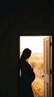 Pregnant woman silhouette standing in doorway with golden sunset light, expecting mother in maternity dress touching belly, motherhood concept.