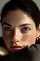 Close-up portrait of young Caucasian woman with natural freckled skin and brown eyes in soft sunlight for beauty and skincare concepts.