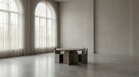 Modern minimalist interior with round wooden table and polished concrete floor, featuring arched windows with sheer curtains for contemporary office or gallery spaces.
