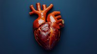 Anatomical model of human heart with detailed arteries and veins on dark blue background for medical education and healthcare visualization.