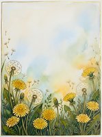 Watercolor dandelions with yellow blooms and fluffy seed heads on soft pastel sky background, copy space for greeting cards and posters.