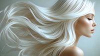 Young woman with flowing platinum blonde hair against dark background, profile view showing natural beauty and hair movement. For beauty, fashion and hair care advertising.