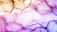 Dreamy watercolor background in purple and gold with flowing ink texture and delicate splatter effect creates ethereal abstract art pattern.