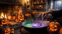 Witch's cauldron with glowing potion surrounded by carved jack-o'-lanterns, dried branches, and flickering fireplace in dark stone chamber for Halloween decorations and spooky themed designs.