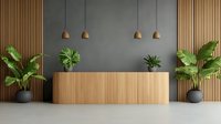 Modern reception desk with wooden panels against gray wall, pendant lights, and decorative plants creating welcoming atmosphere for office or hotel lobby.