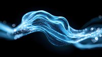 Glowing blue wave of particles flowing with dynamic motion effect on black background creates futuristic abstract design element for technology concepts.