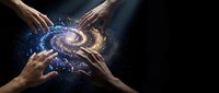 Human hands reaching toward glowing spiral galaxy with stardust particles against dark cosmic background for creative design projects.