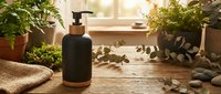 Natural organic skincare bottle with pump dispenser on wooden surface surrounded by green plants and eucalyptus leaves in warm sunlight for spa wellness routine.