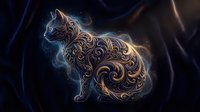 Ornate cat silhouette with golden baroque swirls and decorative patterns on cosmic blue background for luxury design projects.