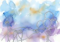 Watercolor celebration background with champagne bottle, filled glasses and balloons in soft blue, purple and gold tones, isolated on white for event design, invitations and party graphics.