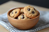 Homemade chocolate chip cookies in wooden bowl on kitchen towel. Fresh baked sweet treats for dessert, snack time, or comfort food recipes.