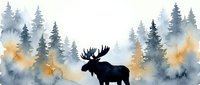 Majestic moose silhouette standing in misty forest landscape with evergreen trees and warm golden light filtering through fog creating serene wilderness atmosphere.