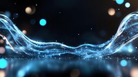 Glowing blue wave with sparkling particles and bokeh effects on dark background creates magical atmosphere for abstract design projects.
