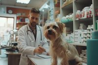 Yorkshire terrier at veterinary examination while male veterinarian in white coat makes notes in medical office with medicine shelves and supplies.